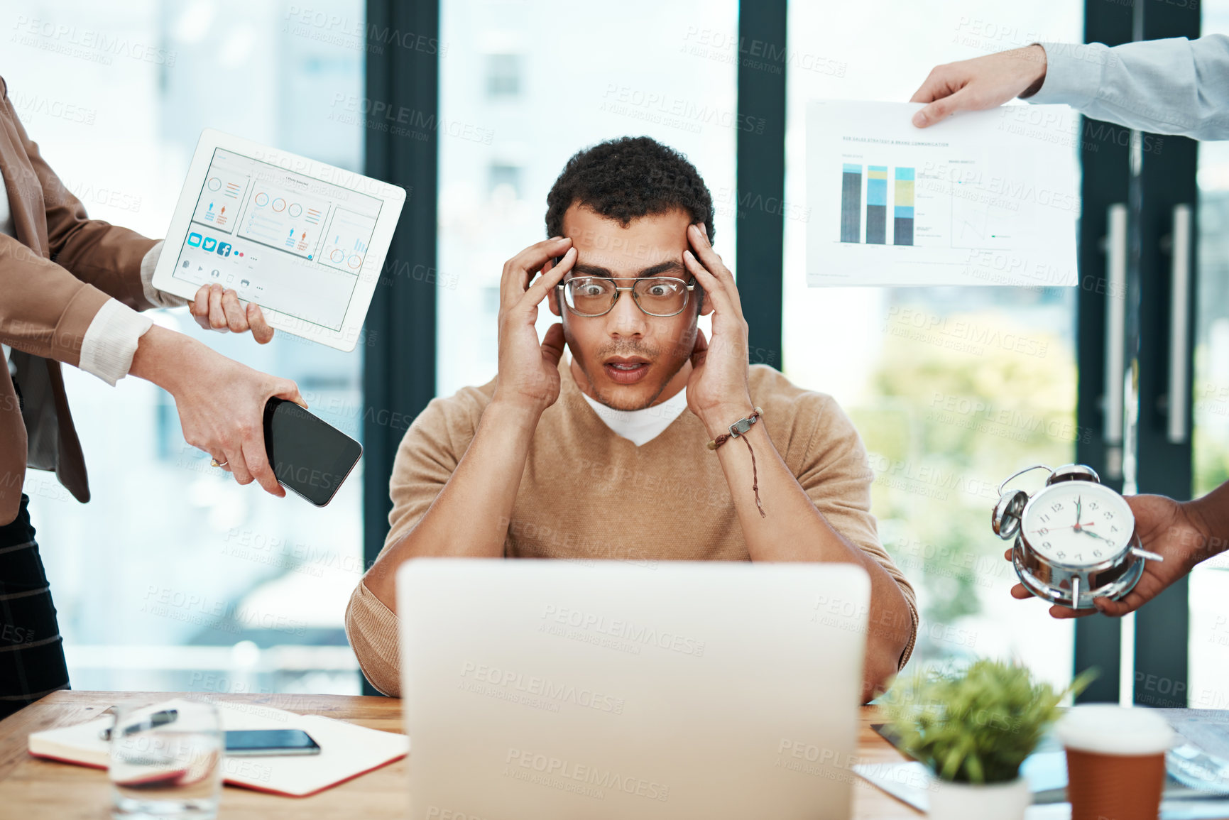 Buy stock photo Man, stress and group with multitasking in office with burnout, charts or documents for review. Person, frustrated and time management with hands, tablet or sales report by laptop at creative agency