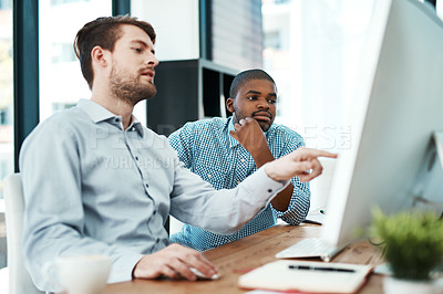 Buy stock photo Help, meeting and business men on computer in discussion with feedback, review and advice for project. Professional, corporate and people on pc for teamwork, collaboration and online research at desk