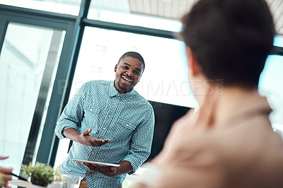 Buy stock photo Smile, man and presentation in office with tablet, explain and proposal for business growth. Speaker, tech and idea pitch in conference room for development, meeting and leadership training in city