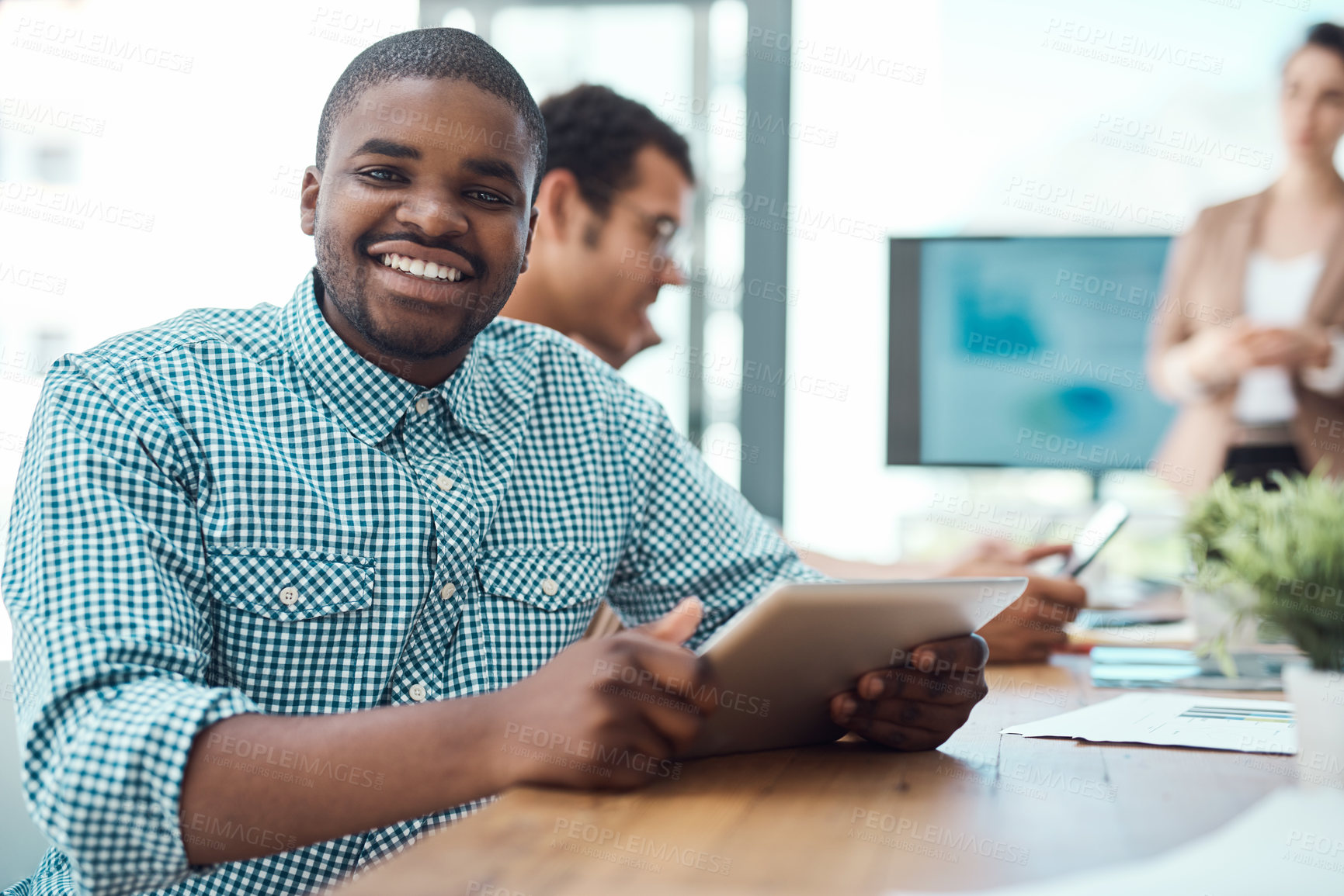 Buy stock photo Creative, black businessman and portrait in meeting with tablet by website design company for brand identity. Male employee, online and happy in workplace for web layout, review or project management