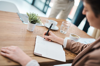 Buy stock photo Business, woman and writing in journal in office for task list, introduction and conclusion of draft. Female academic writer, diary and notebook for feedback or revision, methodology and submission