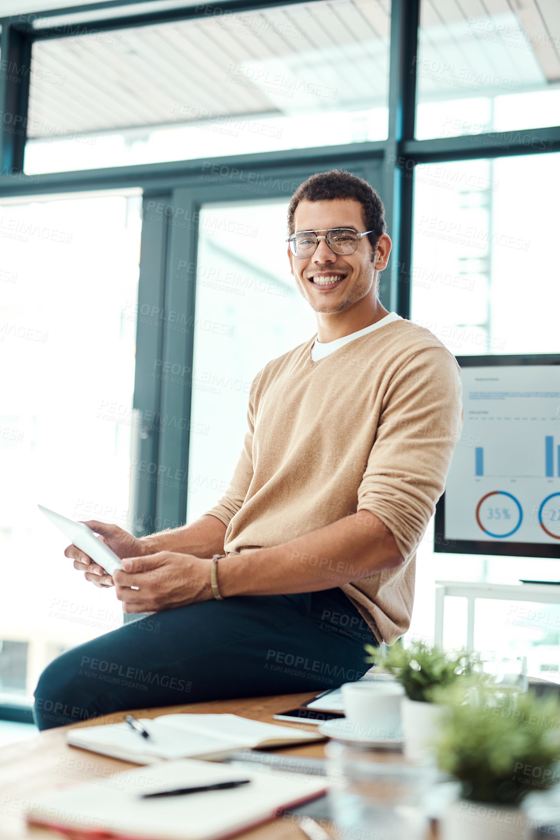 Buy stock photo Business, man and portrait with tablet on desk in office or website design company for brand identity. Male employee, screen or statistics in workplace for user analytics, interaction or performance.