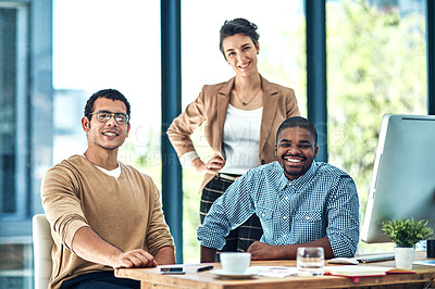 Buy stock photo Portrait of a group of designers grouped together in an office