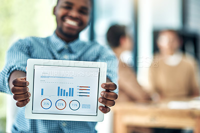 Buy stock photo Cropped shot of young designer showing you information on a digital tablet