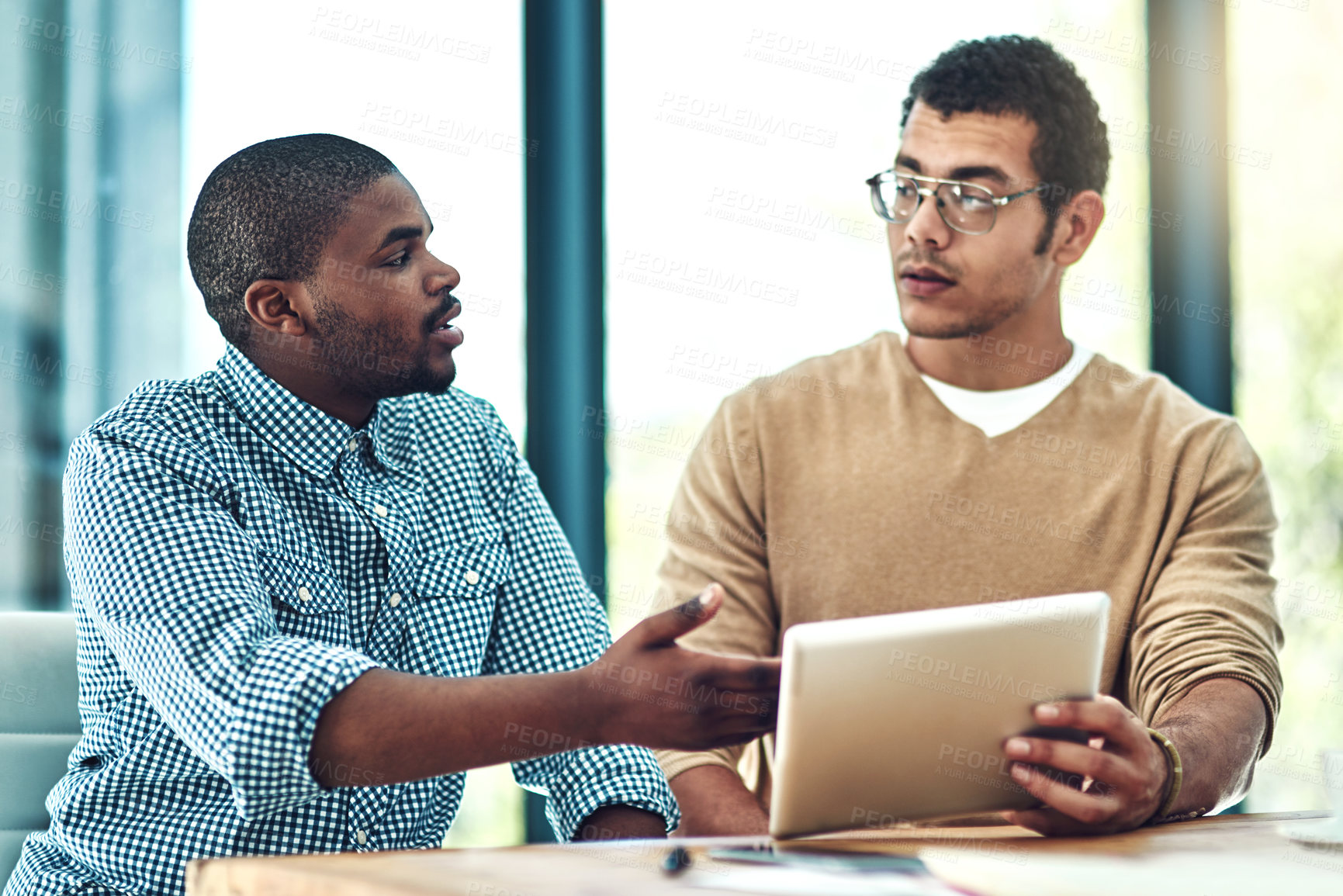 Buy stock photo Meeting, office and business people on tablet in discussion for planning, teamwork and collaboration. Creative company, web design agency and men on digital tech for research, website ui and feedback