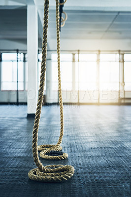 Buy stock photo Shot of climbing ropes at the gym