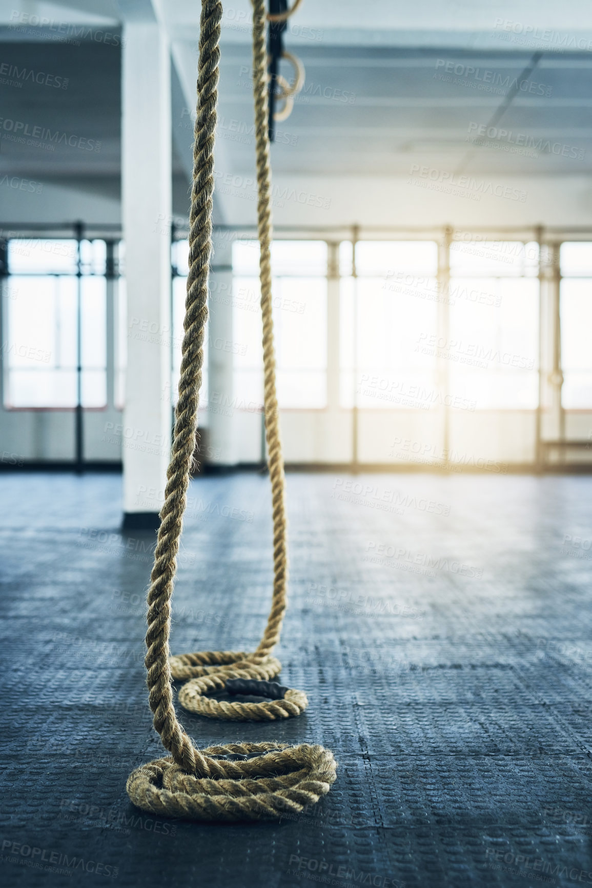 Buy stock photo Ropes, empty and fitness in gym, training and challenge with wellness, sports and endurance. Health, facility center or exercise with workout, climbing or cardio with competition, active or equipment