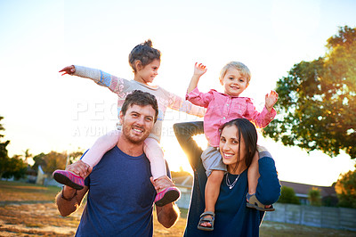 Buy stock photo Nature, portrait and parents with children on shoulders for bonding, playing and having fun together. Happy, family and young mom and dad carrying girl kids for connection outdoor in park in Canada.