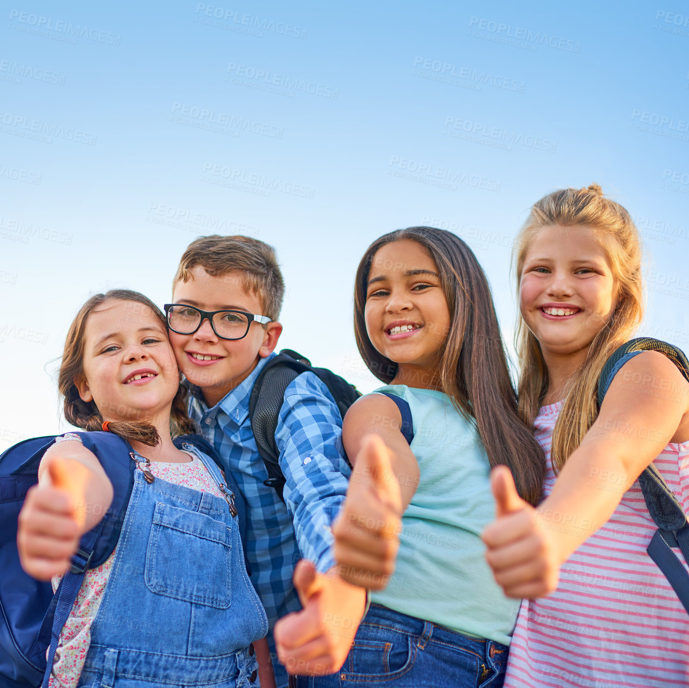 Buy stock photo School kids, group and thumbs up in portrait, outdoor and mockup space for support, link or agreement. Children, girl and boy for learning, education or future with symbol, icon or yes emoji by sky
