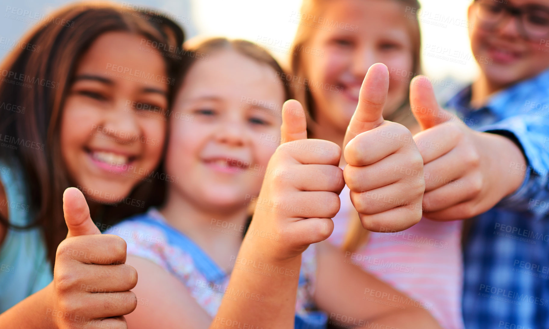 Buy stock photo Children, friends and happy outdoor with thumbs up in portrait for fun, agreement and deal in New York. People, smile and yes with confidence or satisfied and excited with positivity and approval