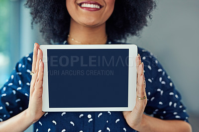 Buy stock photo Woman, hands and tablet screen with mockup space for website, internet and network promotion. Technology, blank display and digital advertising for logo, brand or app ux with a female model or user