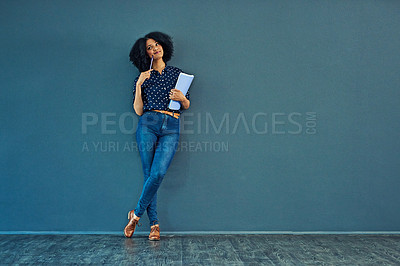 Buy stock photo Thinking, planning and woman on a blue wall for business, career ideas or plan in an office. Smile, corporate and a young female employee with a notebook and idea or professional strategy with mockup