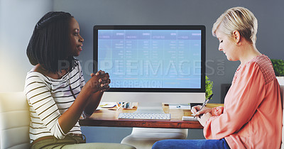 Buy stock photo Business women, communication and feedback by computer screen in office, diversity and talking or writing on accounting. Workplace, productivity or finance team by desktop or collaboration on project