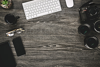 Buy stock photo High angle shot of a photographer's work desk