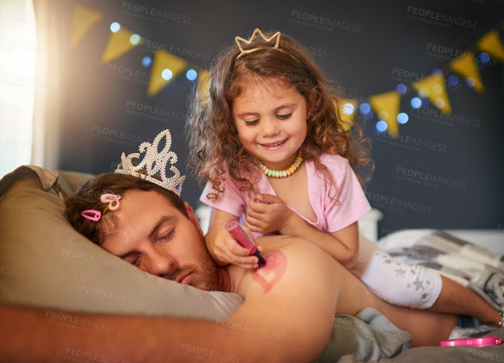 Buy stock photo Dad, sleeping and girl drawing for fun, game and April Fools joke on body and paint with pink makeup. Father, sleep in kids bedroom and funny child, bed time and painting lipstick on man