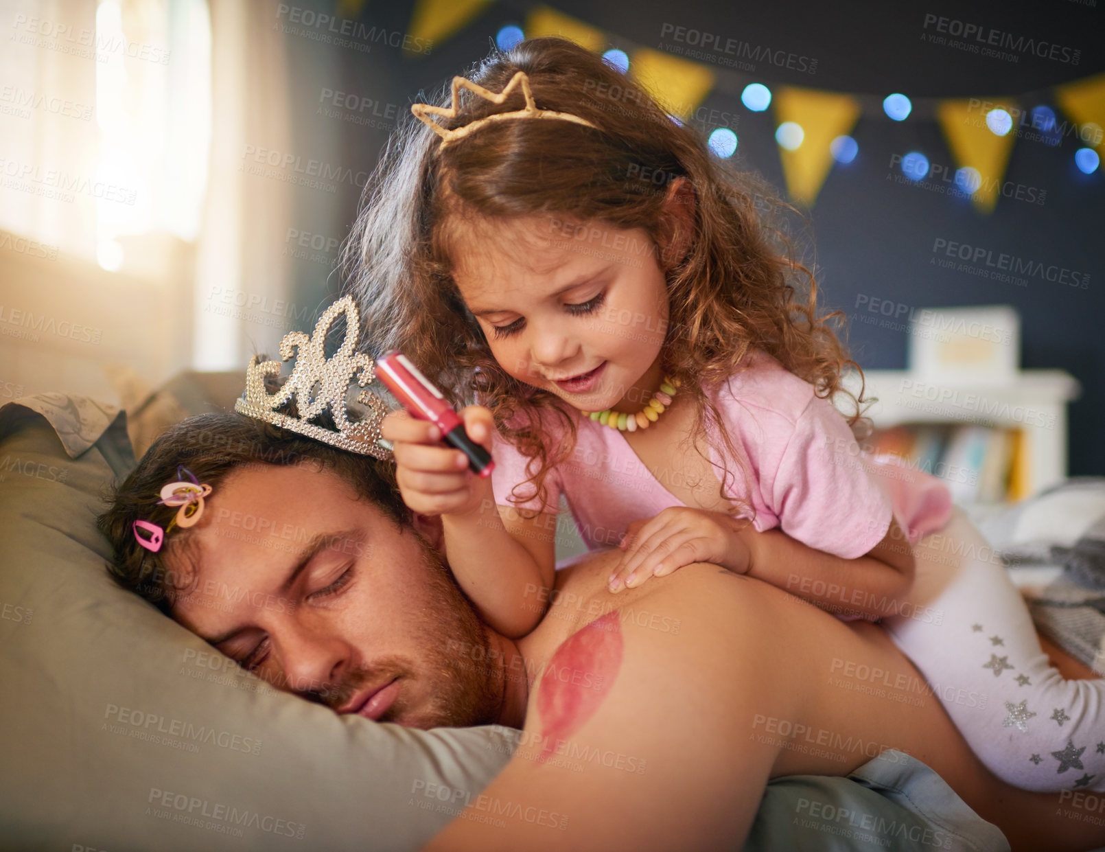 Buy stock photo Sleeping, dad and girl drawing for fun, game and April Fools joke on face, body and paint with pink makeup. Father, sleep in kids bedroom and funny child, bed time and painting lipstick on man