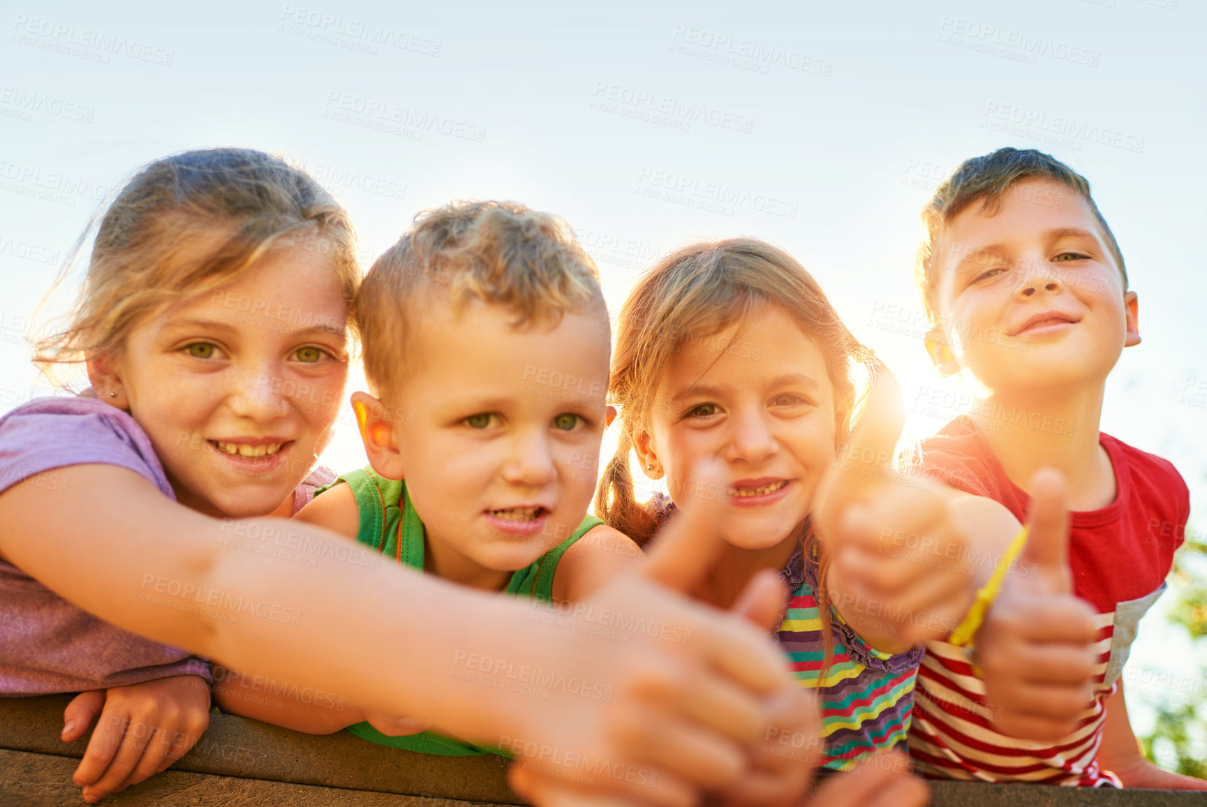 Buy stock photo Friends, kids and portrait with thumbs up outdoor, park and garden by wooden bridge in nature. Happy children, boys and girls with hand gesture for sharp, yes and playful while bonding together 