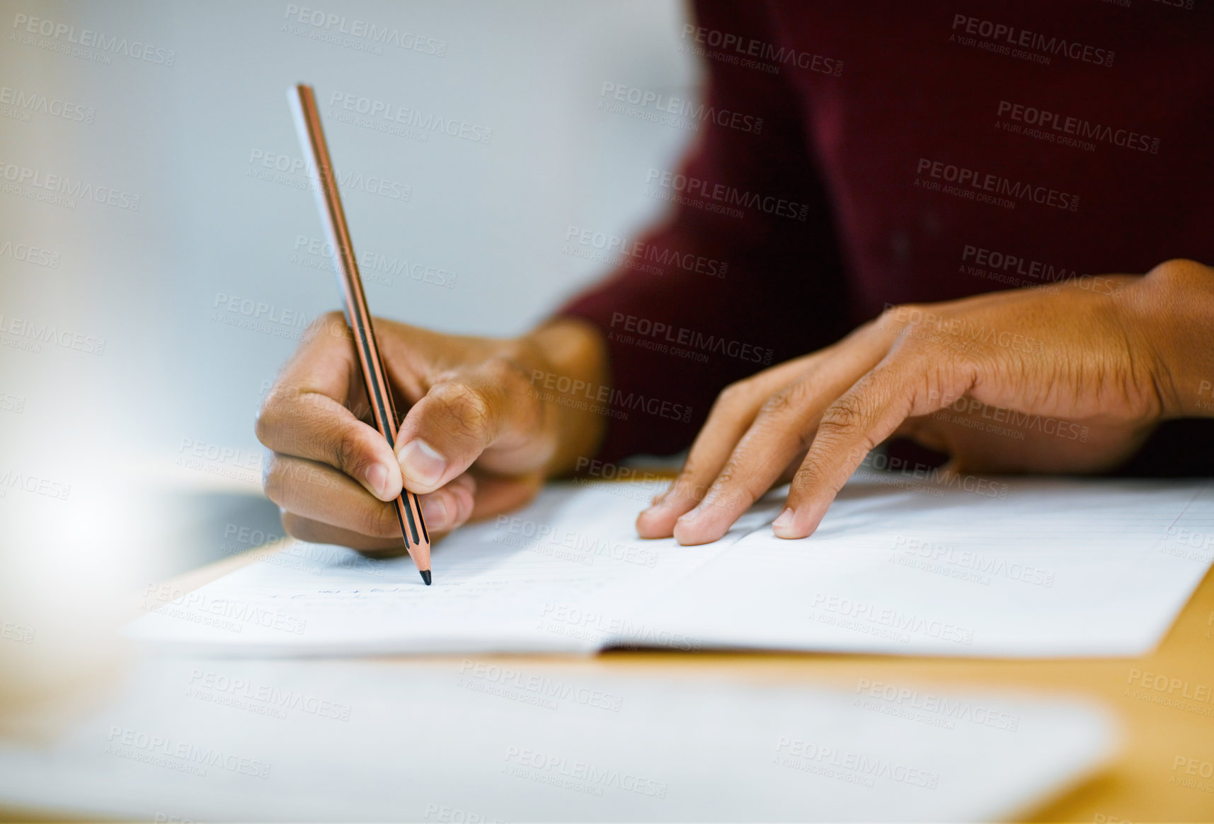 Buy stock photo Writing, notebook and hands of person in library for university education, scholarship course or project research. Growth, studying and college student with notes, pencil and planning for exam.