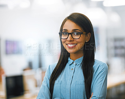 Buy stock photo Portrait of a university student working in the library at campus