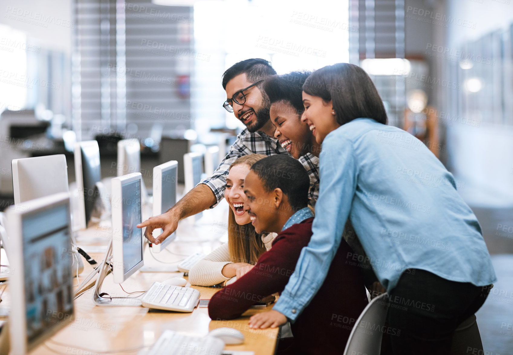 Buy stock photo Computer, excited and friends at library for education, knowledge and test results in college. University learning, students and internet for research, project success and online exam report