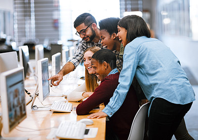 Buy stock photo Computer, excited and friends at library for research, knowledge and test results in college. University learning, students and internet for education, project success and online exam report