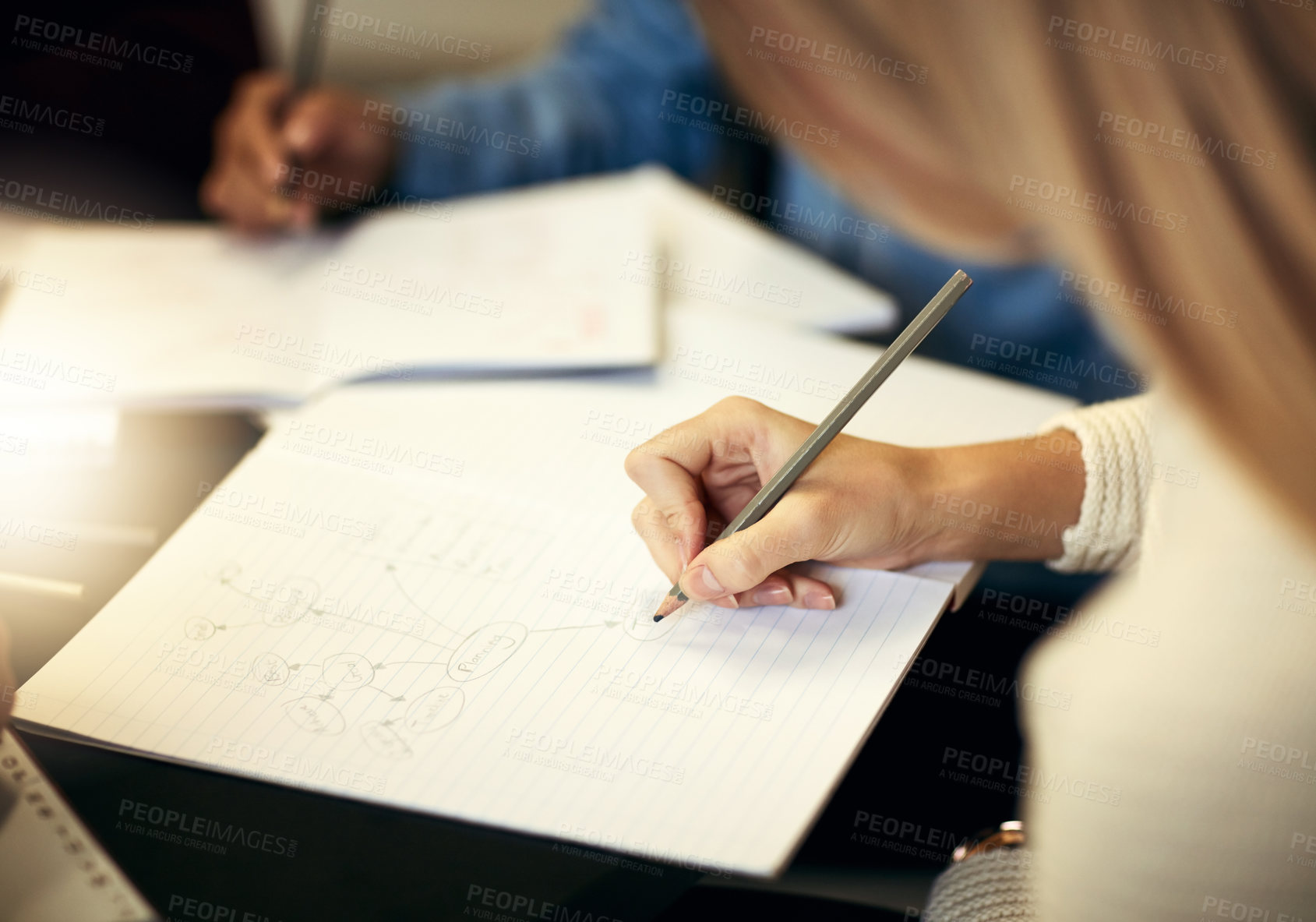 Buy stock photo Writing, notebook and hands of people in study group for university education, scholarship course or project research. Growth, support and college students with notes for exam, learning and planning