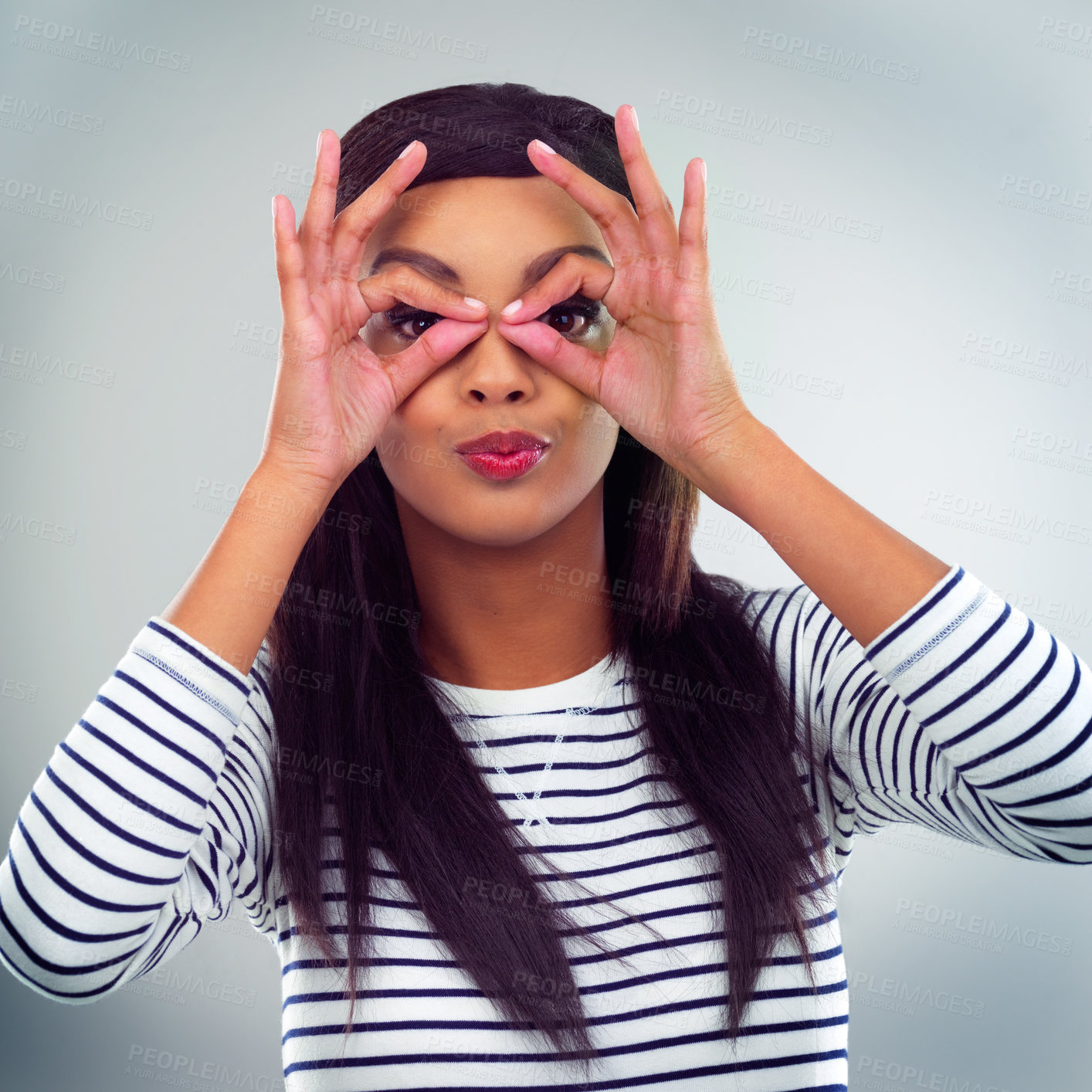 Buy stock photo Studio, portrait and woman with funny face, hands and student with facial expression, fun or playful. White background, fashion and black person with goofy personality and confident with outfit