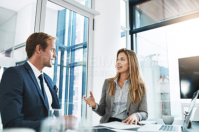 Buy stock photo Meeting, man and woman brainstorming, collaboration and conversation for ideas, target and teamwork. Staff, happy employees and partnership for profit growth, company development and startup success