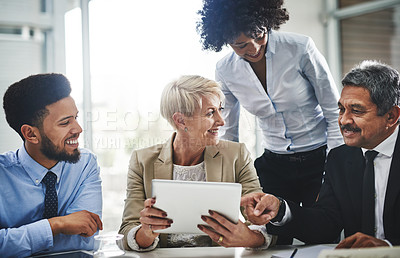 Buy stock photo Senior woman, investor management meeting and tablet with company contract and deal with conversation. Staff, communication and finance planning with a businessman with diversity coworkers working