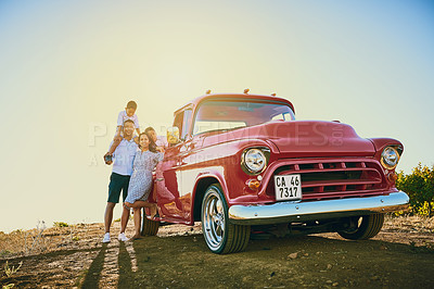 Buy stock photo Family, smile and parents with children for adventure, road trip and explore on holiday, weekend or vacation. Travel, vintage pickup truck and mother, father and kids for journey and bonding together