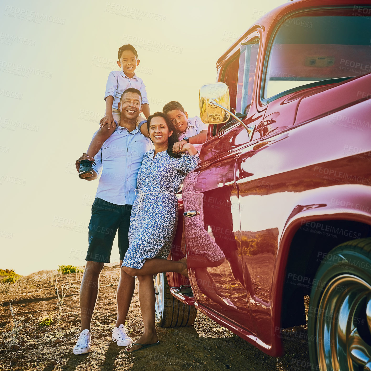 Buy stock photo Family, portrait and car with parents for road trip, adventure and explore on holiday, weekend or vacation. Travel, vintage pickup truck and mother, father and kids for journey and bonding together