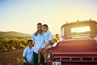 Buy stock photo Family, smile and father with car for road trip, adventure and explore on holiday, weekend or vacation. Travel, vintage pickup truck and vehicle, dad and children for journey and bonding together