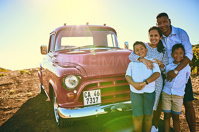 Buy stock photo Family, portrait and parents with kids for road trip, adventure or explore on holiday, weekend or vacation. Travel, vintage pickup truck and mother, father and children for bonding journey together