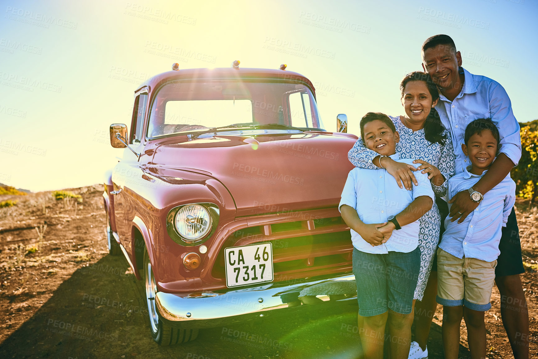 Buy stock photo Family, portrait and parents with kids for road trip, adventure or explore on holiday, weekend or vacation. Travel, vintage pickup truck and mother, father and children for bonding journey together
