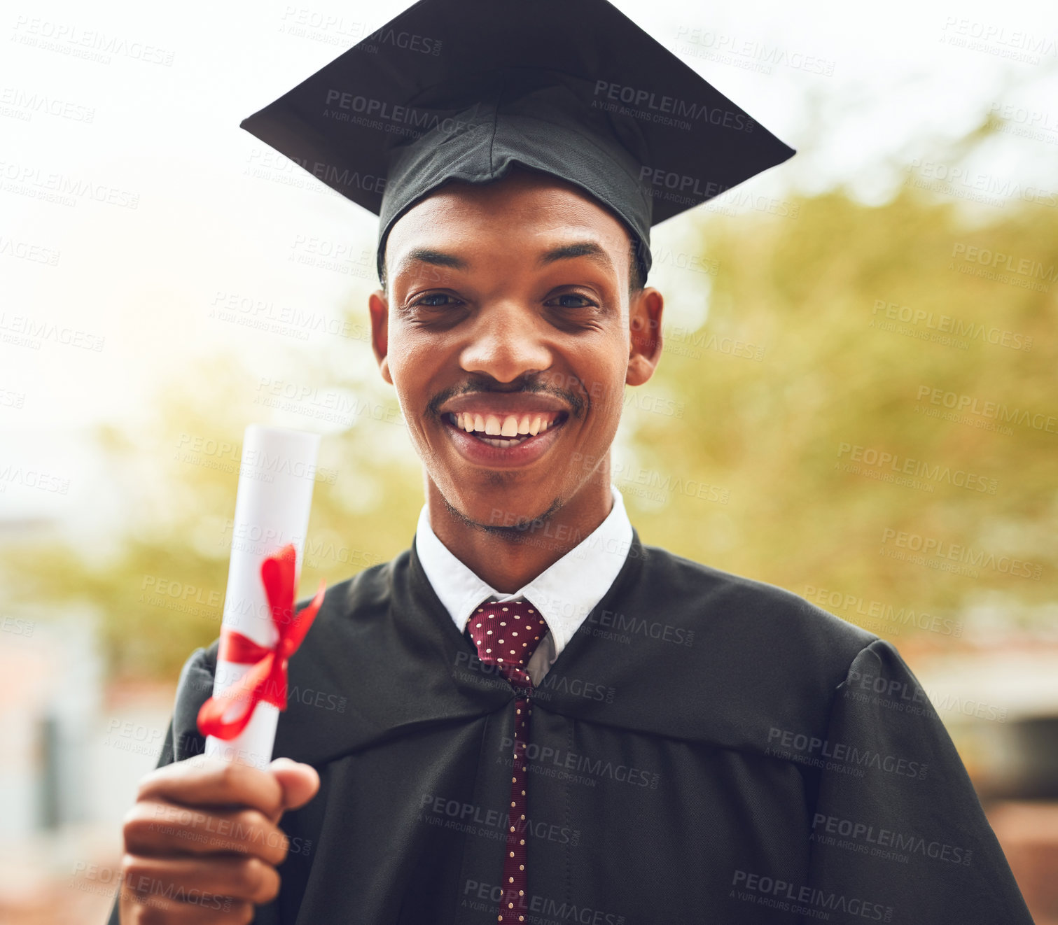 Buy stock photo Happy black man, portrait and student with certificate for qualification, graduation or diploma at university. Young African, male person or graduate with smile for degree or academic achievement