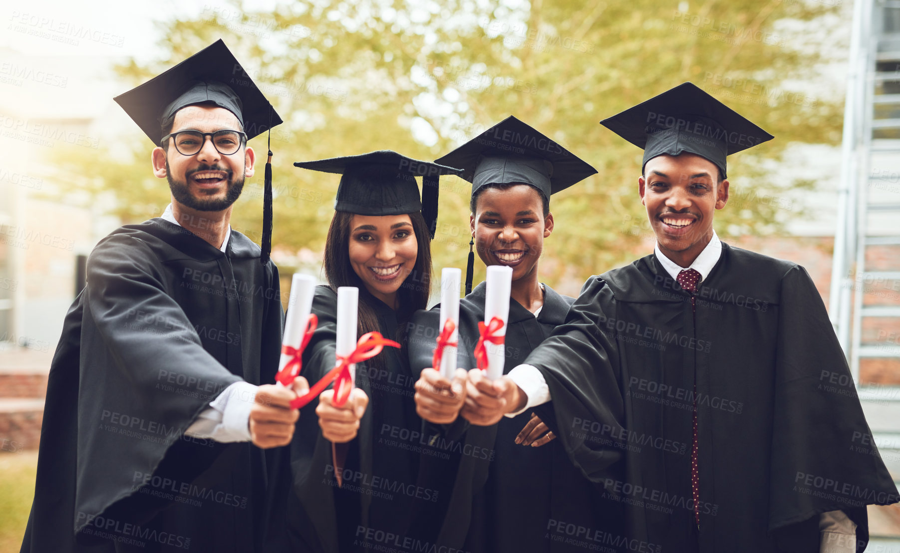 Buy stock photo Graduation, friends and certificate portrait with university, education and school event with degree. Award ceremony, student and happy people with graduate and college group with diploma and smile