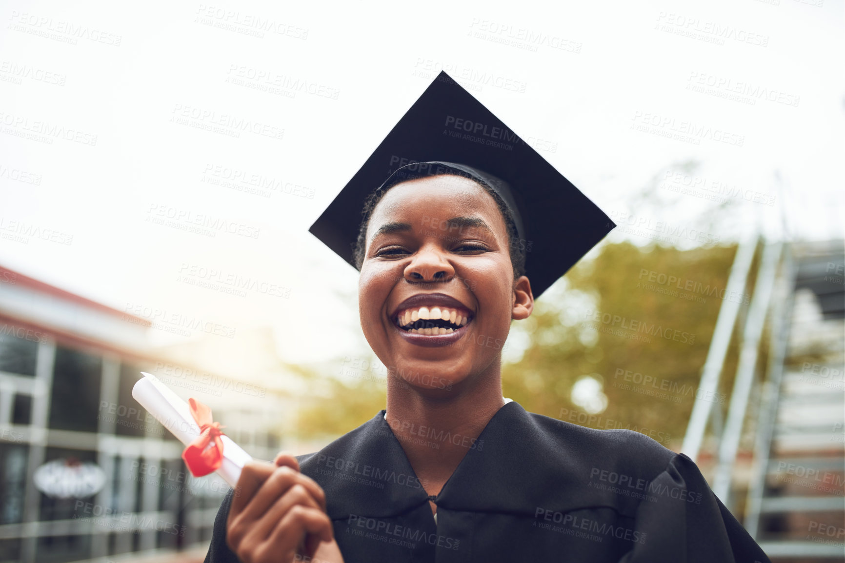 Buy stock photo Portrait, smile and black woman with certificate, graduation and success with diploma, scholarship and college. Face, female person or student with happiness, university or knowledge with achievement