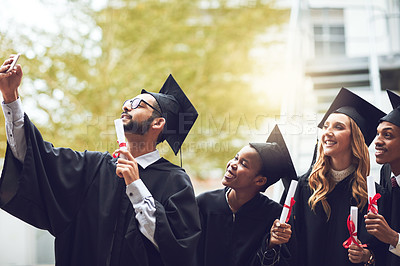 Buy stock photo Happy students, graduates and selfie with certificate for graduation memory, photography or celebration at university. Young, people and friends with smile for picture, academic achievement or degree