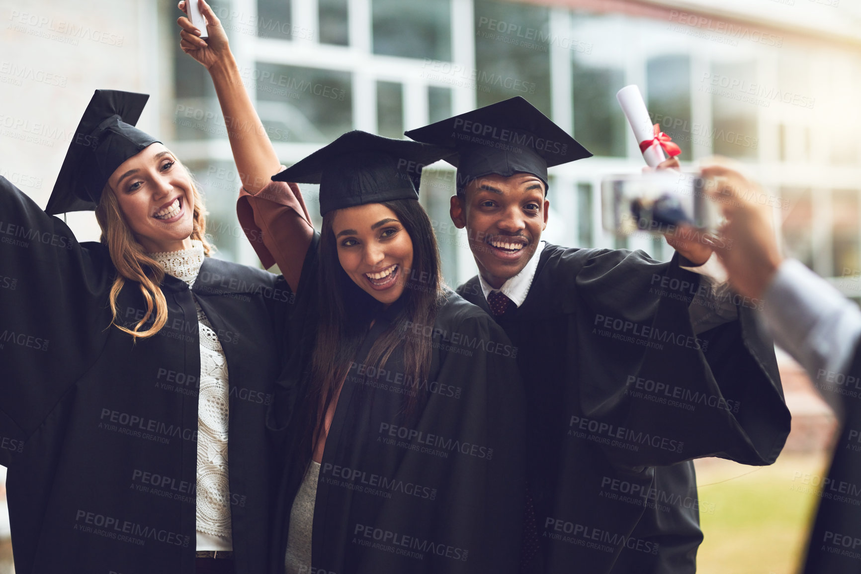 Buy stock photo Graduation, college and photography for excited students with celebration, achievement and education success. Smartphone, friends and happy people on university campus with memory of award ceremony