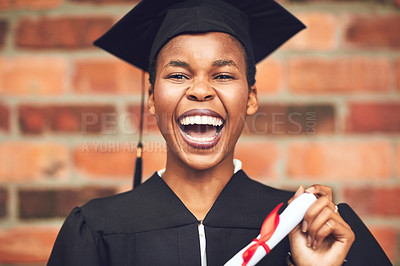 Buy stock photo Black woman, graduation and portrait of a college student with a diploma and happiness outdoor. Female person excited to celebrate university achievement, education success and future at school event