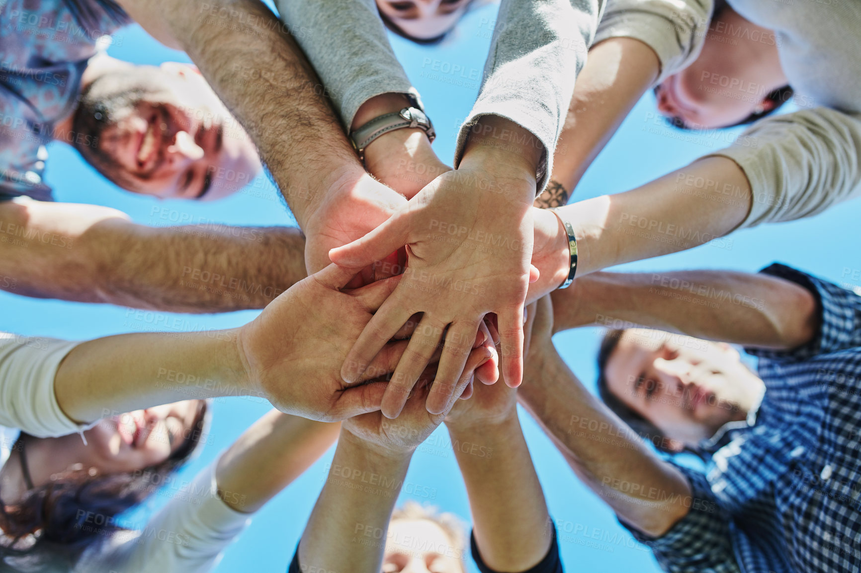 Buy stock photo Friends, hands and group in nature with huddle for adventure, solidarity or weekend trip. Low angle, travel and people outdoor with stack for vacation, support or bonding together in Australia