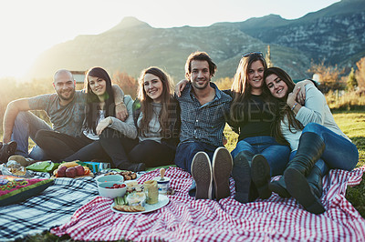 Buy stock photo Portrait of a group of friends having a picnic together outdoors