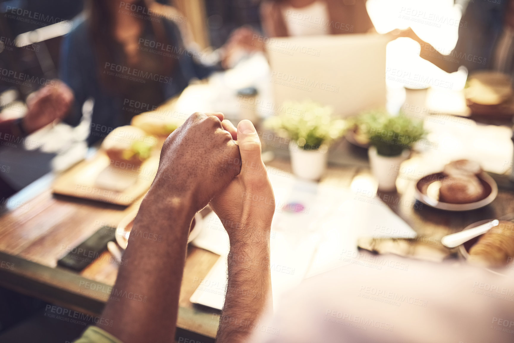 Buy stock photo People, praying and holding hands in cafe with connection for blessings, grace and appreciation. Synergy, guidance and hope with spirituality for thanks or protection as students in study group