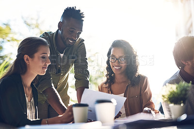 Buy stock photo Business meeting, documents and people at a cafe for planning, idea and remote work. Coffee shop, proposal and creative person team collaboration on design, development or brainstorming solution