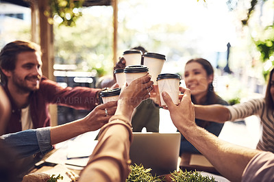 Buy stock photo Collaboration, cheers and team with coffee in a meeting or discussion for a creative project in a cafe. Diversity, team building and professional employees with a latte for a toast in a restaurant.