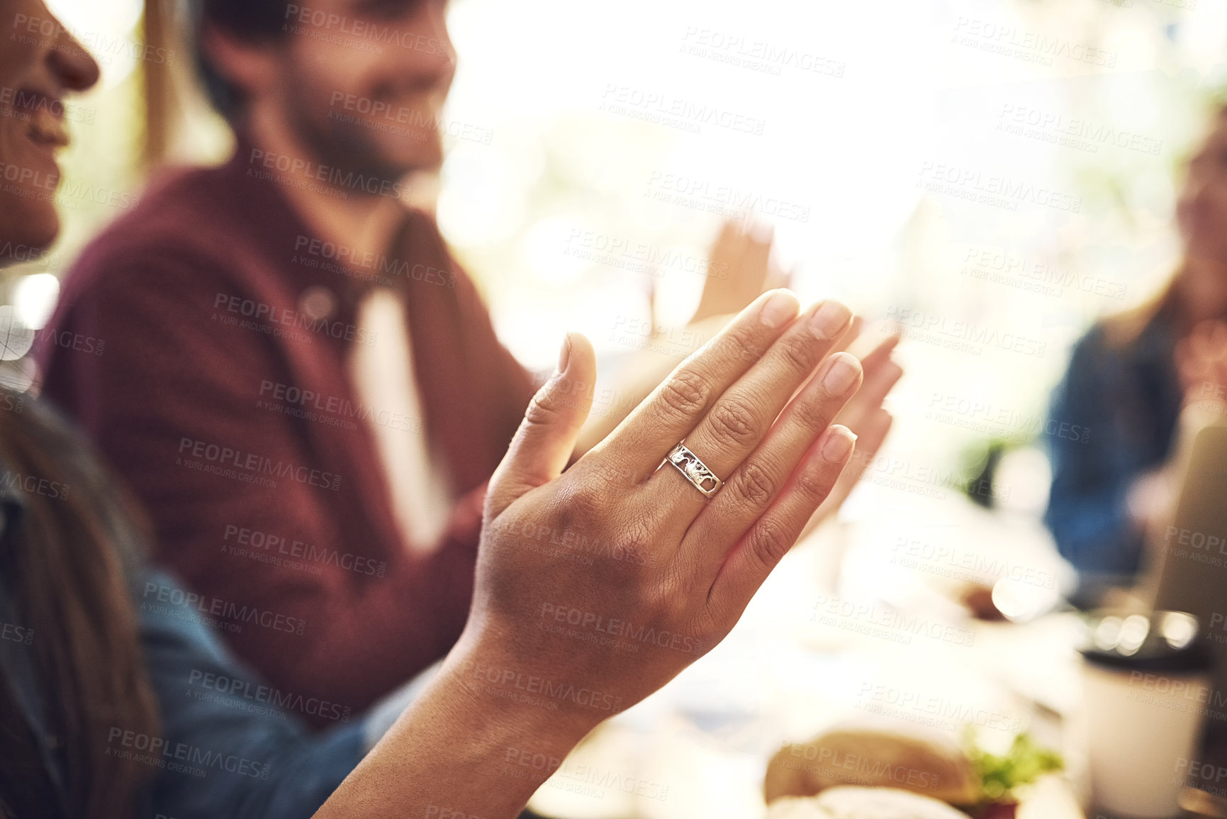 Buy stock photo Happy people, hands and meeting with applause for congratulations, well done or thank you at cafe. Closeup of employees clapping for teamwork, celebration or collaboration together at coffee shop