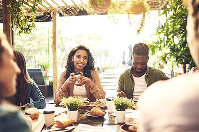 Buy stock photo Group of people, coffee break and food at team building, meeting or gathering together at cafe. Colleagues, creative and business for career as staff, brainstorming or planning at lunch in restaurant