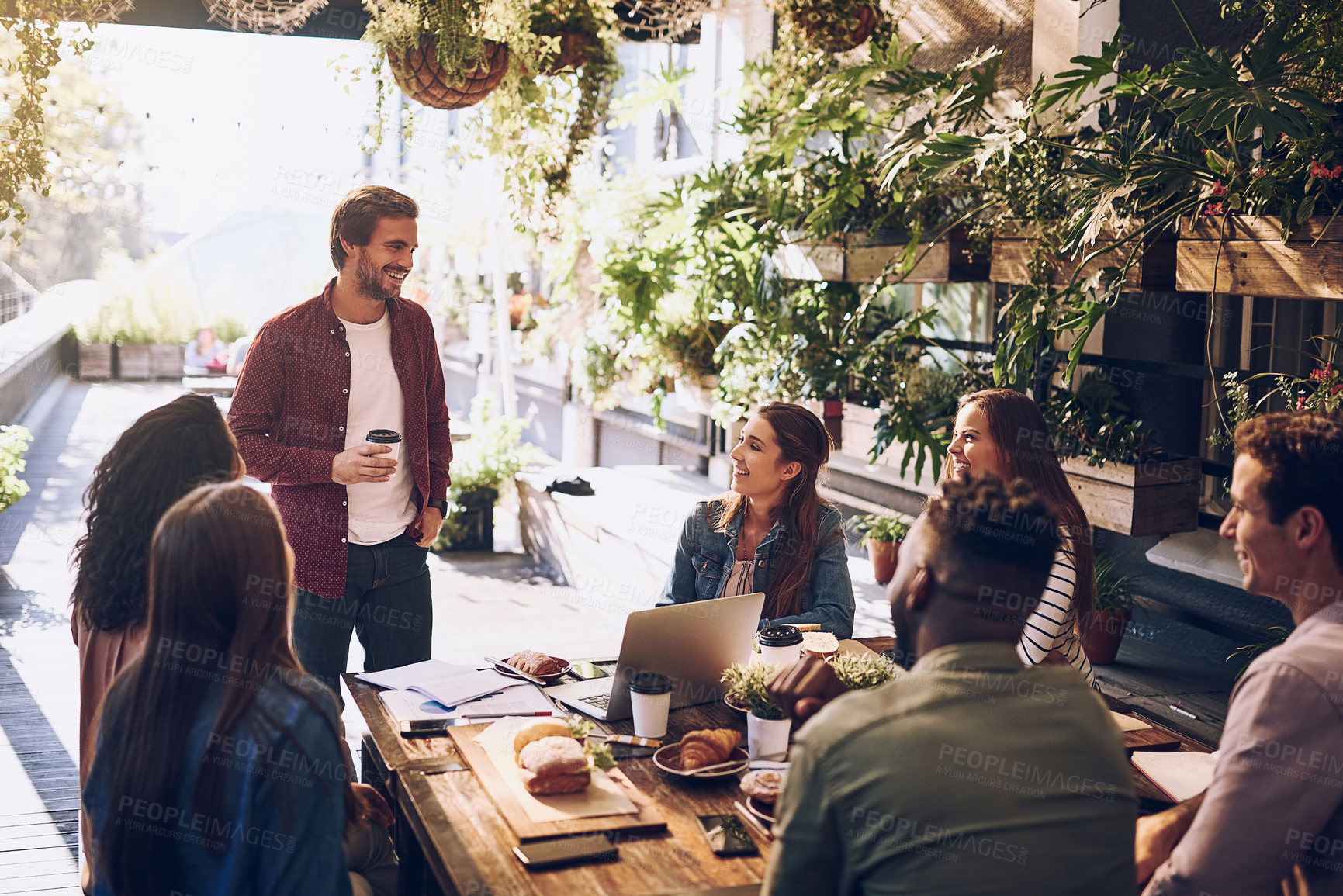 Buy stock photo Meeting, chat and business people in restaurant for discussion, planning and communication. Coffee shop, social gathering and men and women talking for team building, collaboration and project ideas