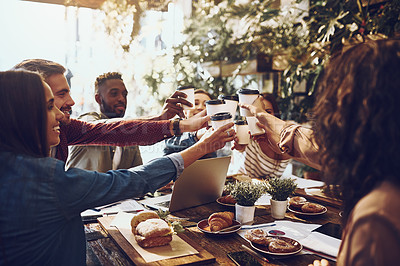 Buy stock photo Business team, coffee and cheers at meeting in cafe for celebration, company success and breakfast. Collaboration, employees and people at work social with food, happy and toast to client reunion