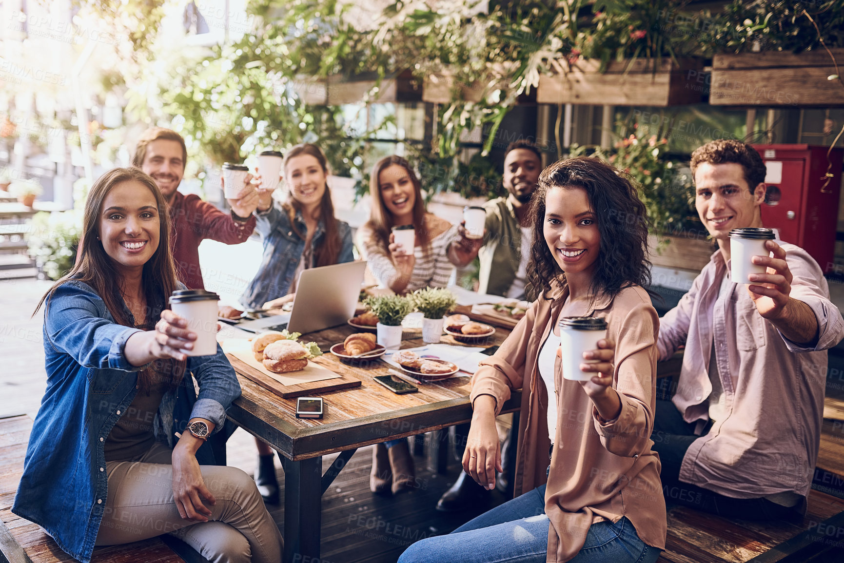 Buy stock photo Business meeting, team building portrait and work friends at cafe lunch planning, smile and sharing project ideas. People, restaurant and cheers with brunch, meal and creative afternoon break